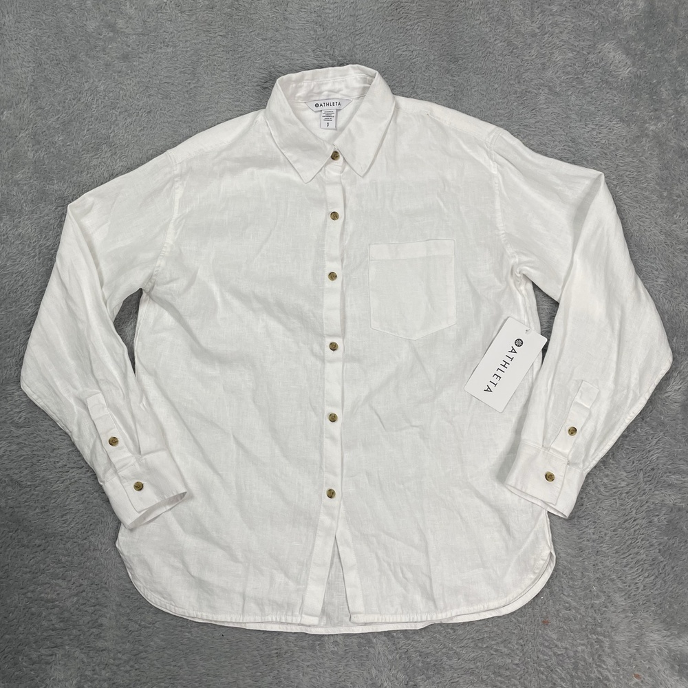 Athleta Retreat Linen Shirt Womens S White Button Up Long Sleeve Casual Top